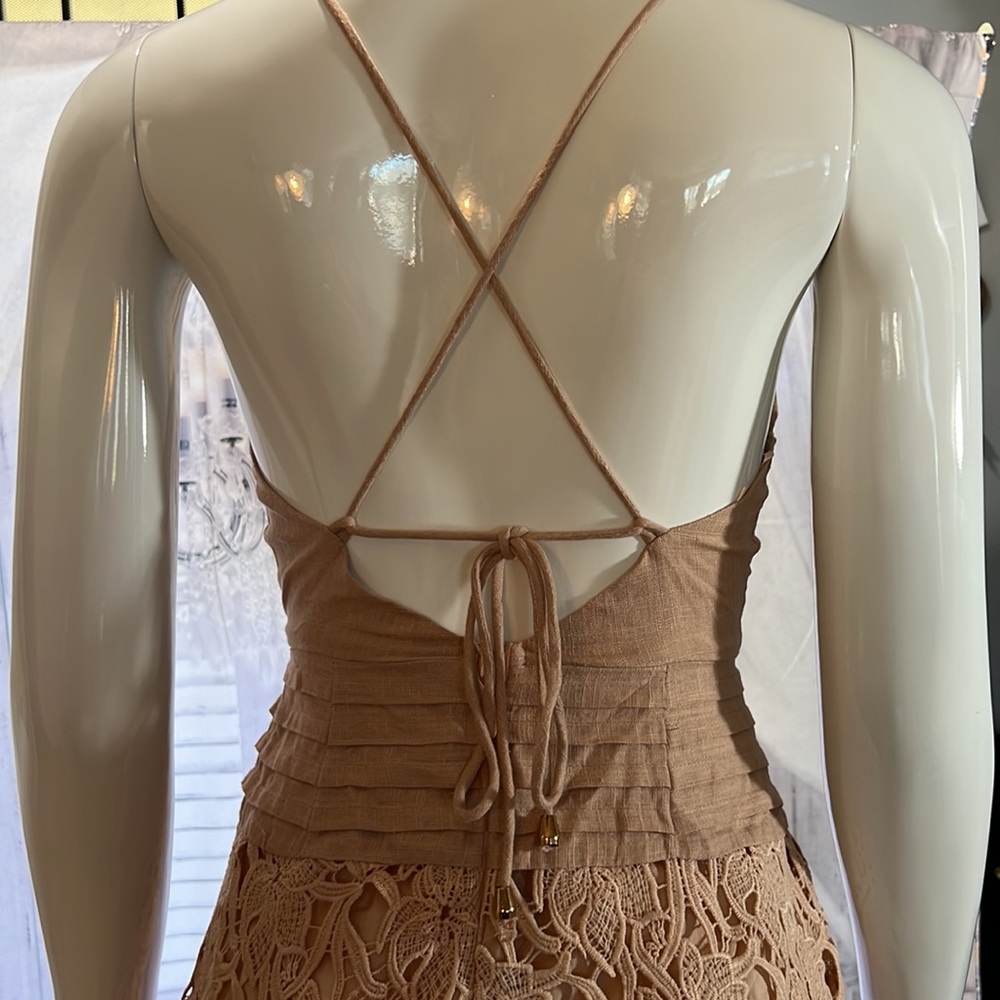 Stone color with lace trimming crisscross back dress - Picture 5 of 6